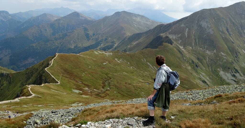 Un randonneur dans un paysage montagnard
